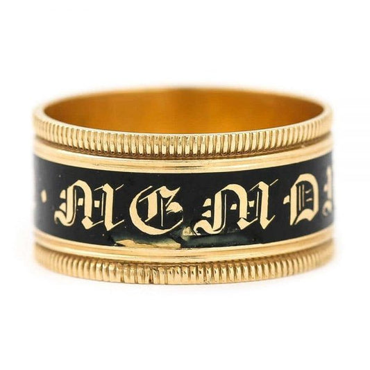 Antique Georgian 'In Memory Of' 18ct Gold Black Enamel Band Ring, circa 1823