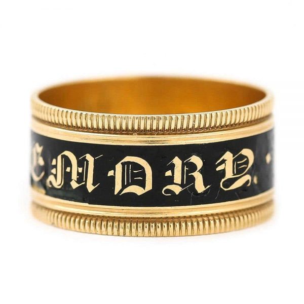 Antique Georgian 'In Memory Of' 18ct Gold Black Enamel Band Ring, circa 1823