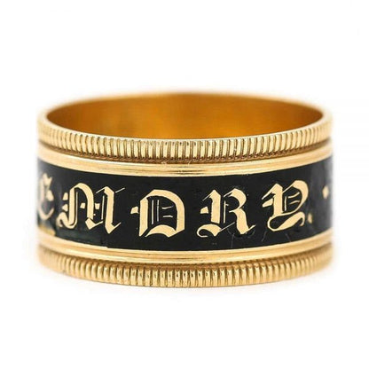 Antique Georgian 'In Memory Of' 18ct Gold Black Enamel Band Ring, circa 1823