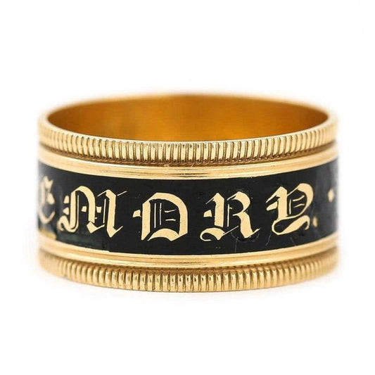 Antique Georgian 'In Memory Of' 18ct Gold Black Enamel Band Ring, circa 1823