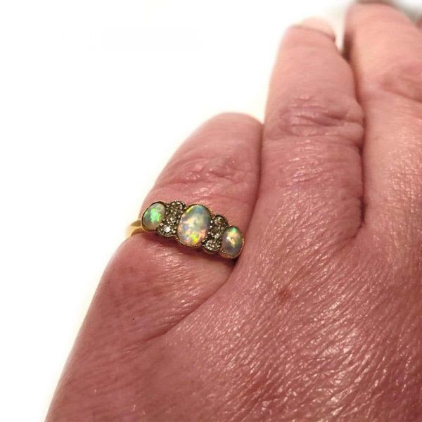Antique Edwardian 18ct Gold Opal and Diamond Three Stone Ring
