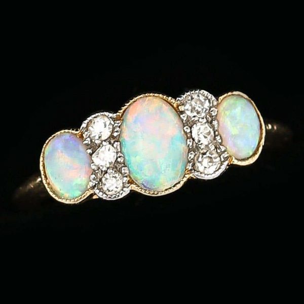 Antique Edwardian 18ct Gold Opal and Diamond Three Stone Ring