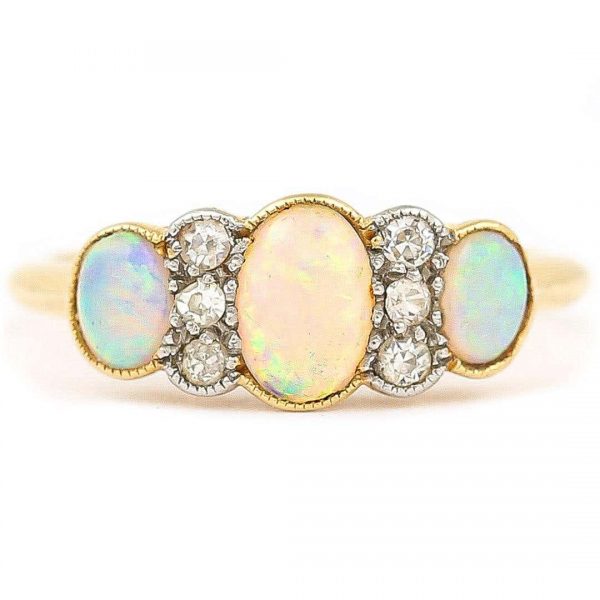Antique Edwardian 18ct Gold Opal and Diamond Three Stone Ring
