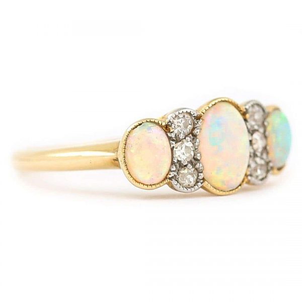 Antique Edwardian 18ct Gold Opal and Diamond Three Stone Ring