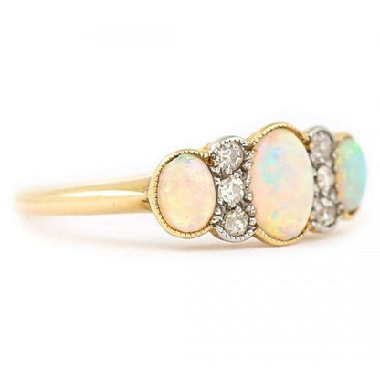 Antique Edwardian 18ct Gold Opal and Diamond Three Stone Ring