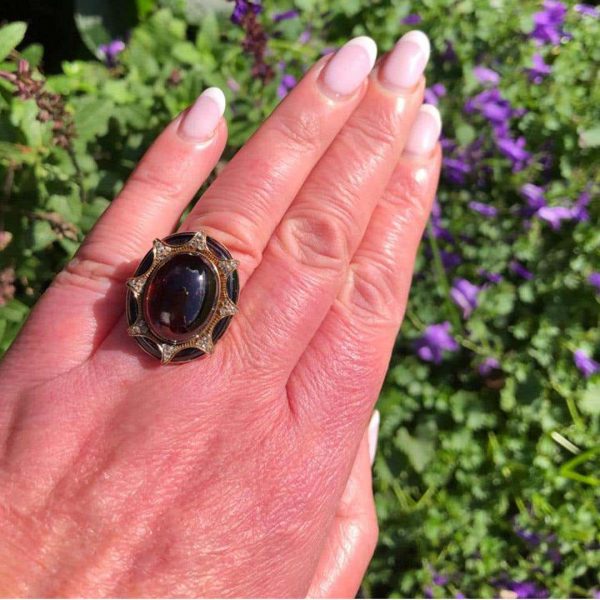 Large Antique Victorian 18ct Gold Cabochon Garnet and Diamond Ring, Circa 1860