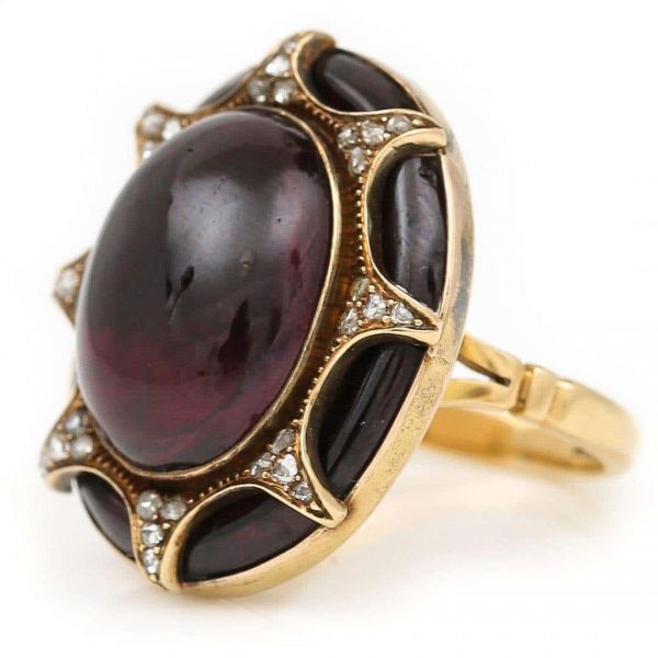 Large Antique Victorian 18ct Gold Cabochon Garnet and Diamond Ring, Circa 1860