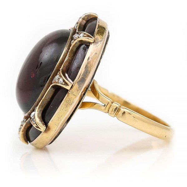 Large Antique Victorian 18ct Gold Cabochon Garnet and Diamond Ring, Circa 1860