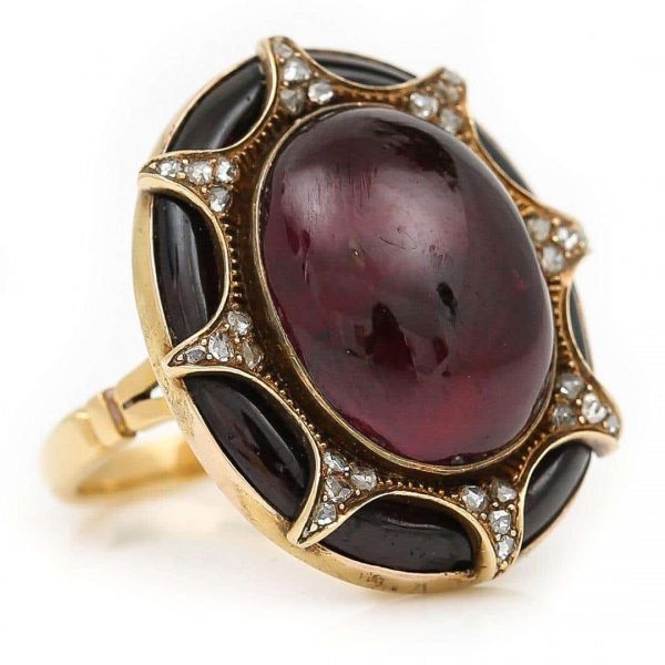 Large Antique Victorian 18ct Gold Cabochon Garnet and Diamond Ring, Circa 1860
