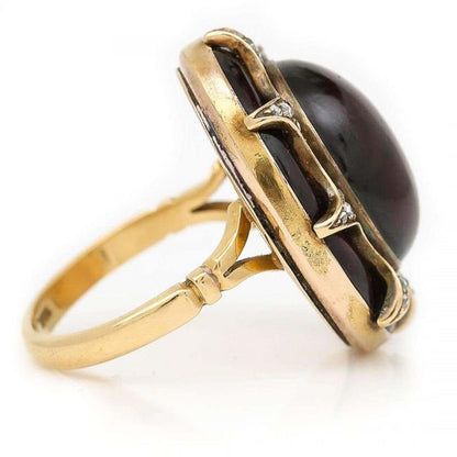 Large Antique Victorian 18ct Gold Cabochon Garnet and Diamond Ring, Circa 1860