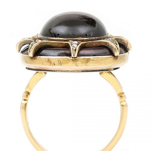 Large Antique Victorian 18ct Gold Cabochon Garnet and Diamond Ring, Circa 1860