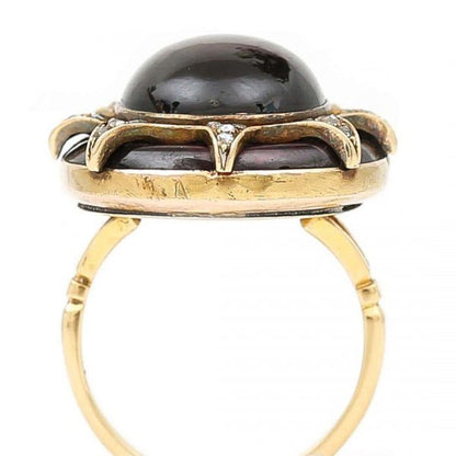 Large Antique Victorian 18ct Gold Cabochon Garnet and Diamond Ring, Circa 1860
