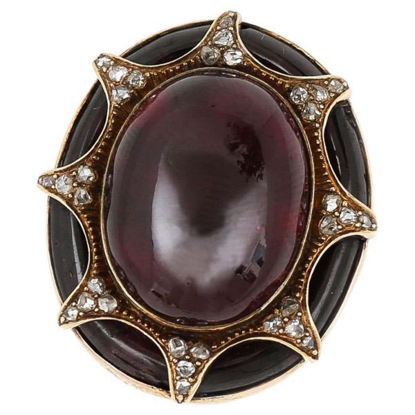 Large Antique Victorian 18ct Gold Cabochon Garnet and Diamond Ring, Circa 1860