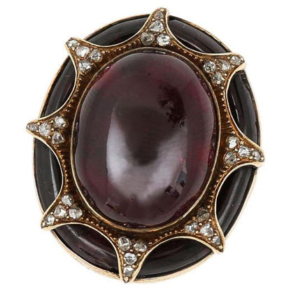 Large Antique Victorian 18ct Gold Cabochon Garnet and Diamond Ring, Circa 1860