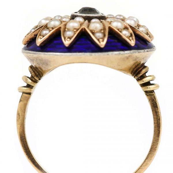 Antique 19th Century 18ct Gold Blue Enamel Pearl Diamond Sunburst Dome Ring Circa 1850