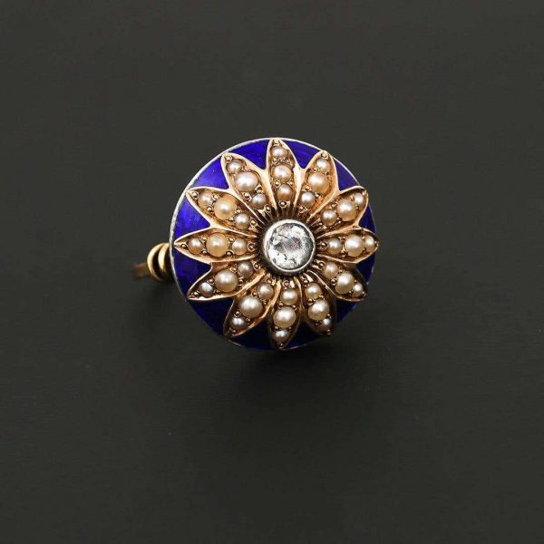 Antique 19th Century 18ct Gold Blue Enamel Pearl Diamond Sunburst Dome Ring Circa 1850