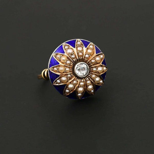 Antique 19th Century 18ct Gold Blue Enamel Pearl Diamond Sunburst Dome Ring Circa 1850