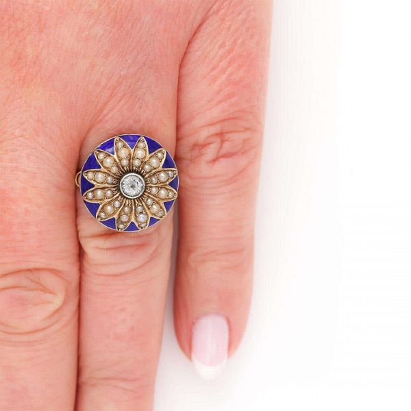 Antique 19th Century 18ct Gold Blue Enamel Pearl Diamond Sunburst Dome Ring Circa 1850