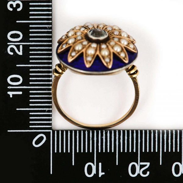 Antique 19th Century 18ct Gold Blue Enamel Pearl Diamond Sunburst Dome Ring Circa 1850