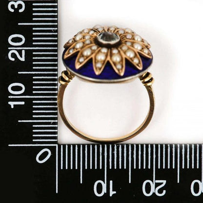 Antique 19th Century 18ct Gold Blue Enamel Pearl Diamond Sunburst Dome Ring Circa 1850