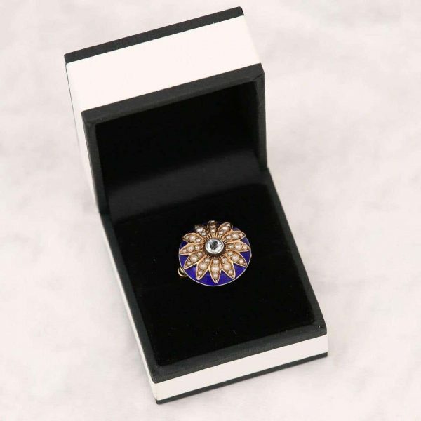 Antique 19th Century 18ct Gold Blue Enamel Pearl Diamond Sunburst Dome Ring Circa 1850