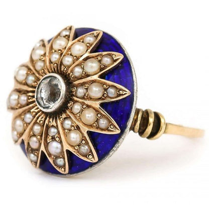 Antique 19th Century 18ct Gold Blue Enamel Pearl Diamond Sunburst Dome Ring Circa 1850