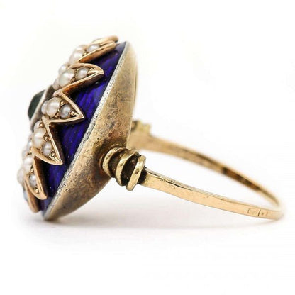 Antique 19th Century 18ct Gold Blue Enamel Pearl Diamond Sunburst Dome Ring Circa 1850