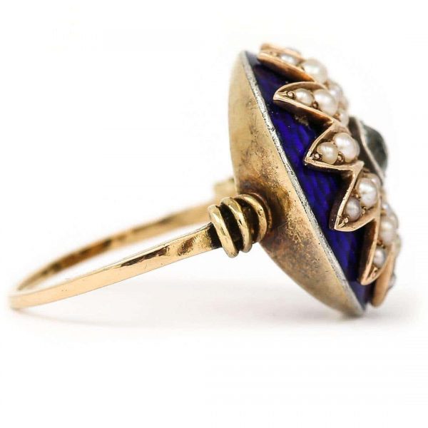Antique 19th Century 18ct Gold Blue Enamel Pearl Diamond Sunburst Dome Ring Circa 1850