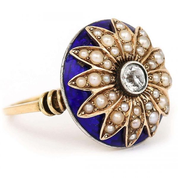 Antique 19th Century 18ct Gold Blue Enamel Pearl Diamond Sunburst Dome Ring Circa 1850