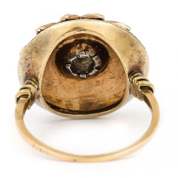Antique 19th Century 18ct Gold Blue Enamel Pearl Diamond Sunburst Dome Ring Circa 1850
