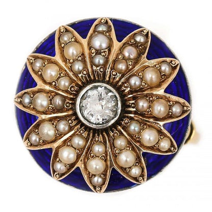 Antique 19th Century 18ct Gold Blue Enamel Pearl Diamond Sunburst Dome Ring Circa 1850