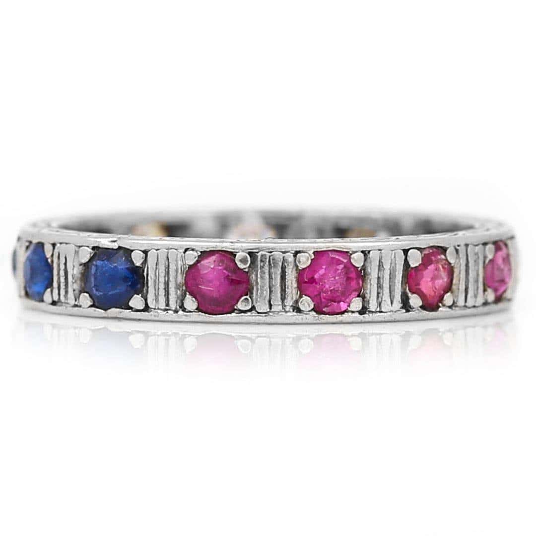 Antique Art Deco 18ct White Gold Patriotic Ruby Sapphire and Diamond Eternity Ring