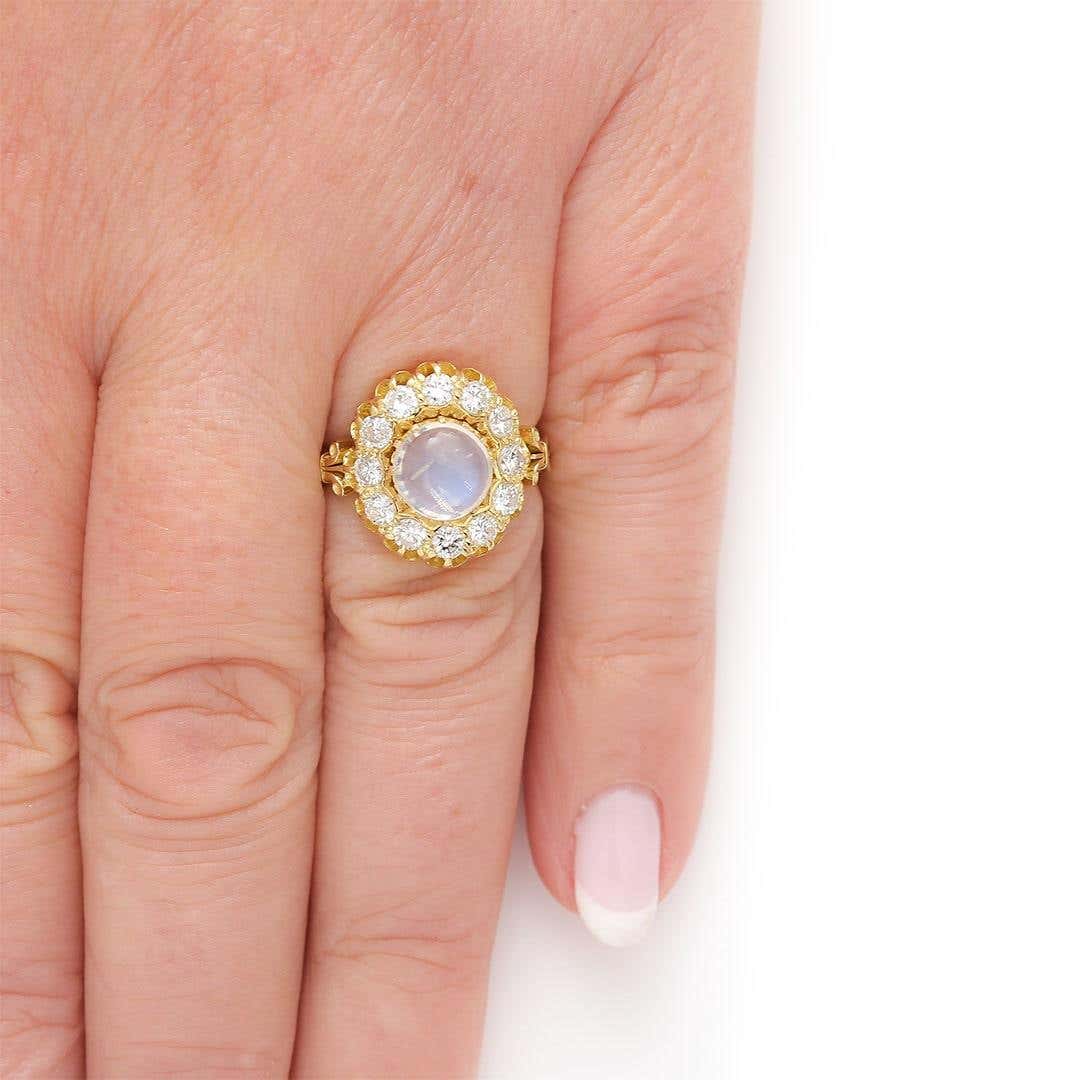 Contemporary 18ct Yellow Gold Moonstone and Diamond Cluster Ring