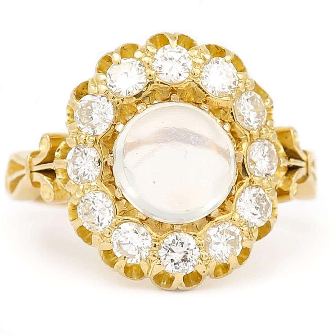 Contemporary 18ct Yellow Gold Moonstone and Diamond Cluster Ring