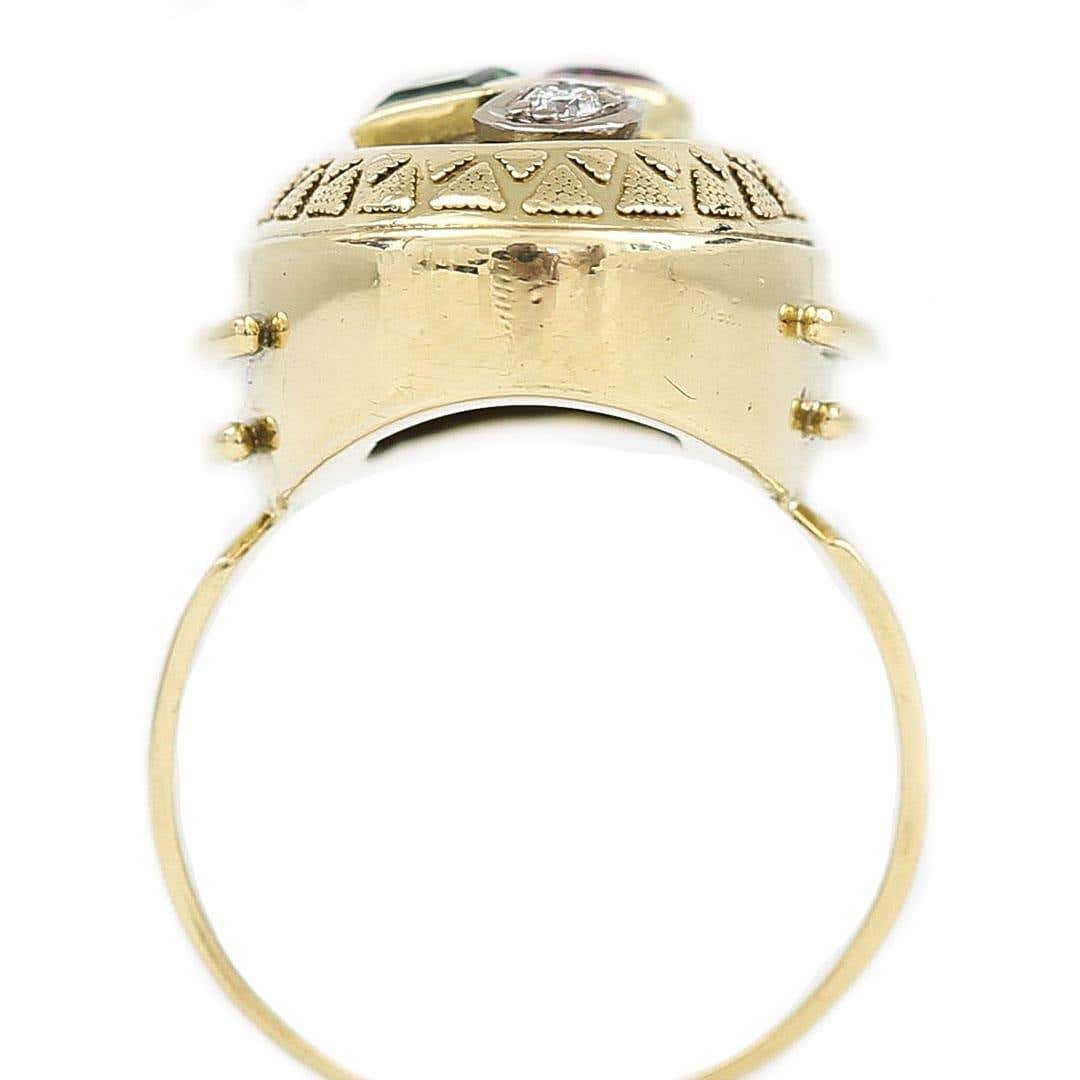 Large Vintage 14ct Yellow Gold Green and Pink Tourmaline and Diamond Dome Ring