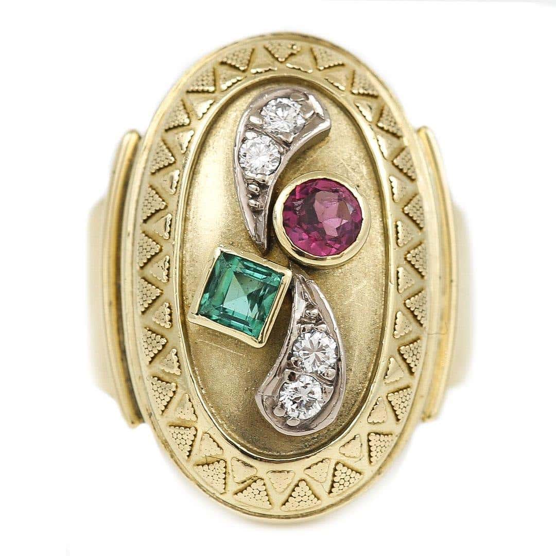 Large Vintage 14ct Yellow Gold Green and Pink Tourmaline and Diamond Dome Ring