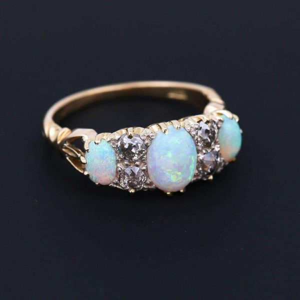 Antique Early 20th Century 18ct Gold Opal and Diamond Three Stone Ring Circa 1910