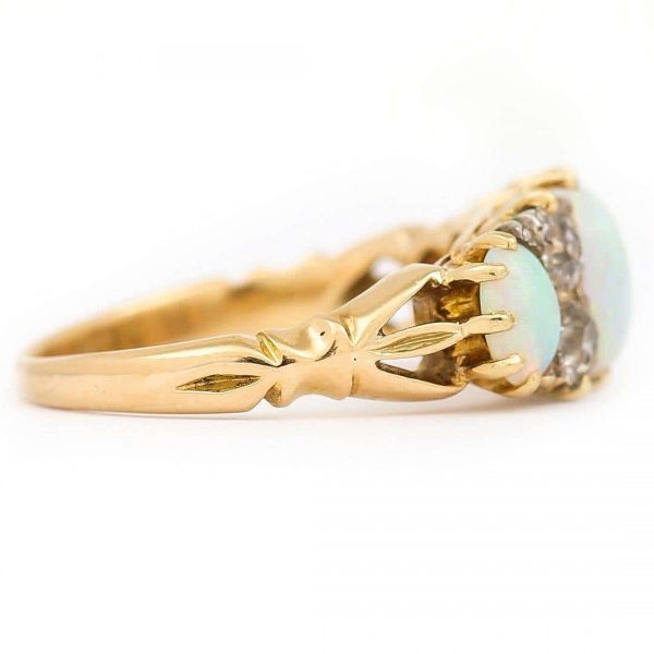 Antique Early 20th Century 18ct Gold Opal and Diamond Three Stone Ring Circa 1910