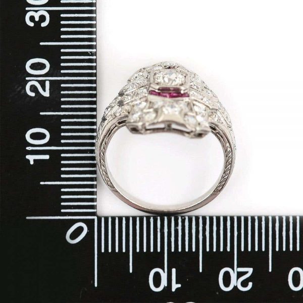 Antique Art Deco Ruby and 1.50 Carat Diamond Platinum Plaque Ring, circa 1920