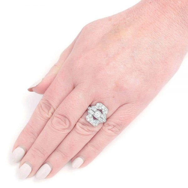 Antique Art Deco Ruby and 1.50 Carat Diamond Platinum Plaque Ring, circa 1920