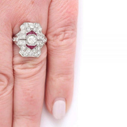 Antique Art Deco Ruby and 1.50 Carat Diamond Platinum Plaque Ring, circa 1920