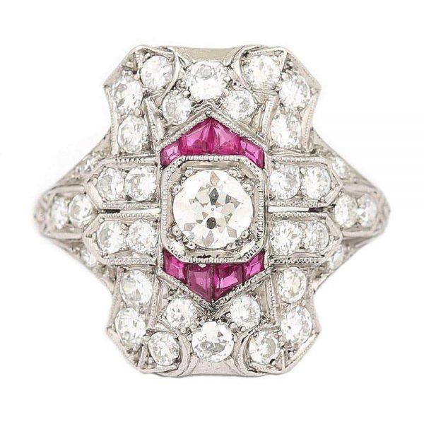 Antique Art Deco Ruby and 1.50 Carat Diamond Platinum Plaque Ring, circa 1920