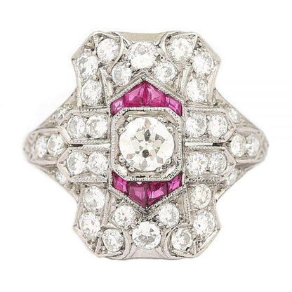 Antique Art Deco Ruby and 1.50 Carat Diamond Platinum Plaque Ring, circa 1920