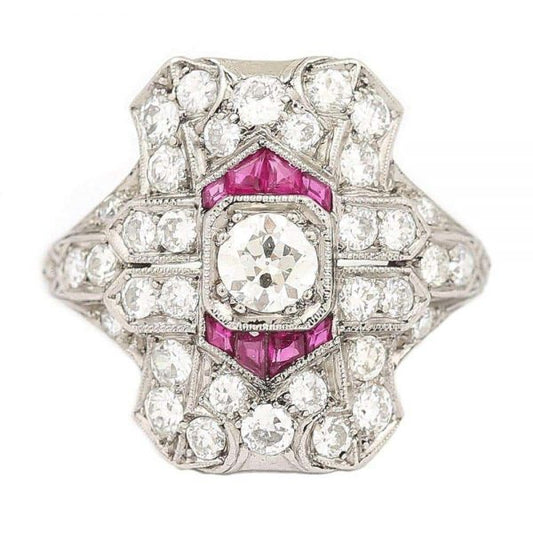 Antique Art Deco Ruby and 1.50 Carat Diamond Platinum Plaque Ring, circa 1920