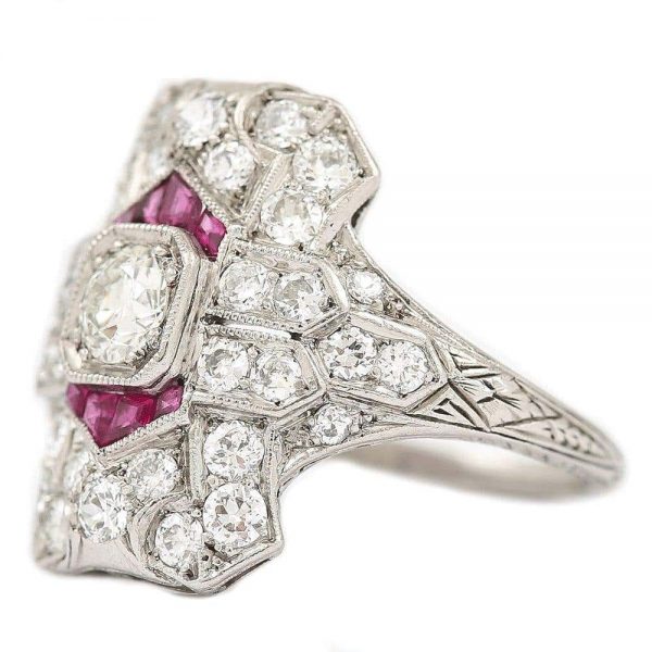 Antique Art Deco Ruby and 1.50 Carat Diamond Platinum Plaque Ring, circa 1920