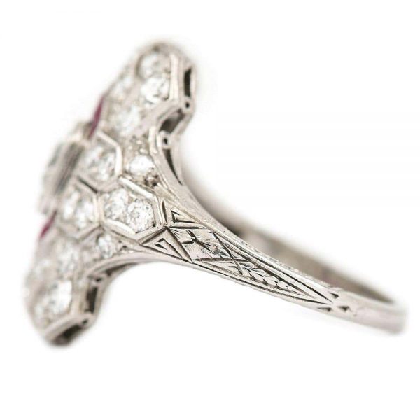Antique Art Deco Ruby and 1.50 Carat Diamond Platinum Plaque Ring, circa 1920