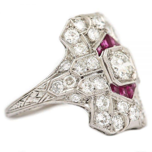 Antique Art Deco Ruby and 1.50 Carat Diamond Platinum Plaque Ring, circa 1920