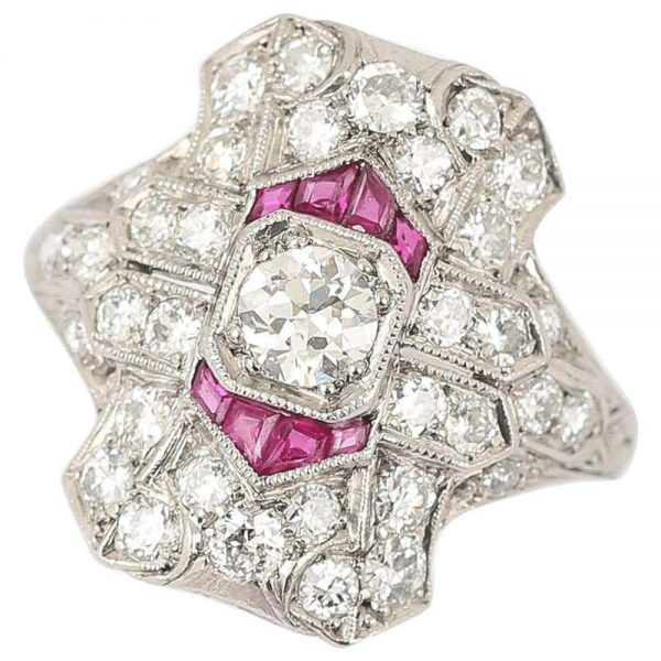 Antique Art Deco Ruby and 1.50 Carat Diamond Platinum Plaque Ring, circa 1920