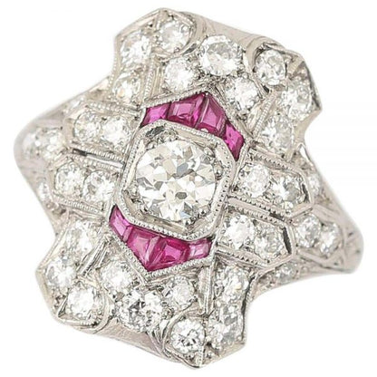 Antique Art Deco Ruby and 1.50 Carat Diamond Platinum Plaque Ring, circa 1920