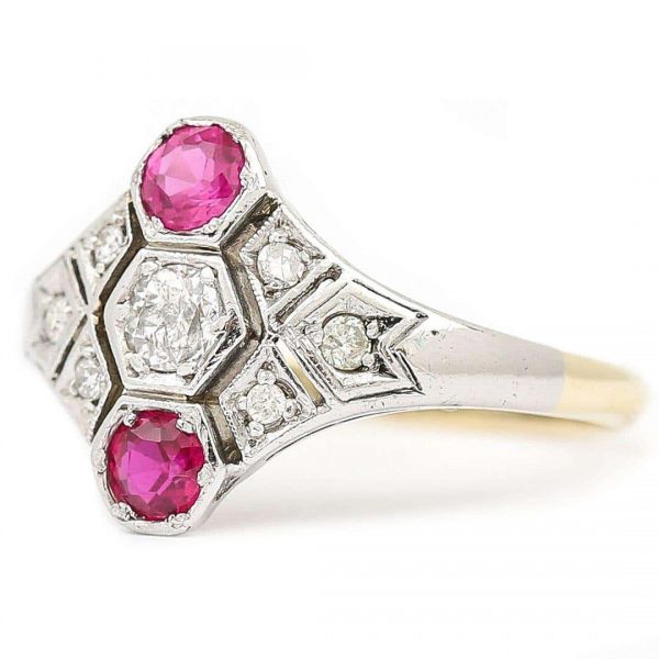 Vintage Art Deco Ruby and Diamond Three Stone Ring